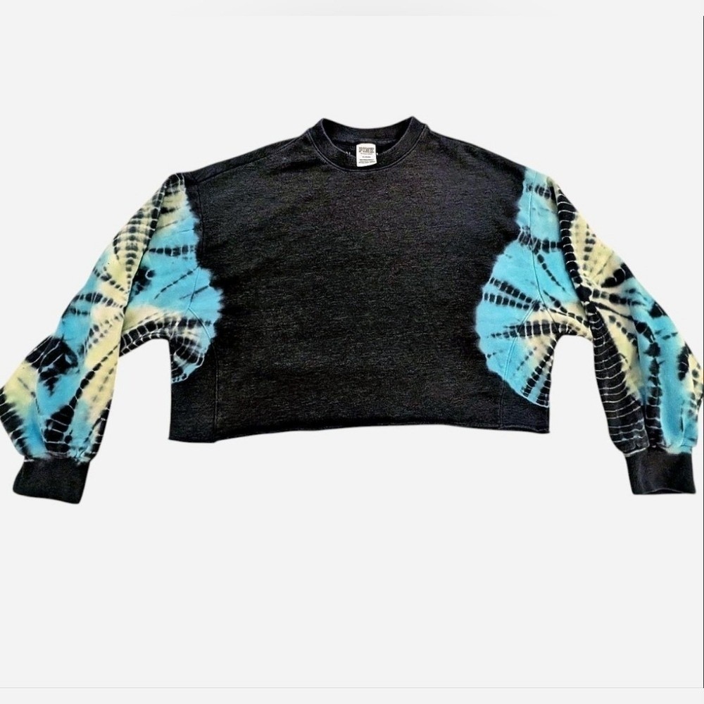 Victorias Secret PINK Faded Black Crop Sweatshirt Tie Dye Sleeves Raw Hem‎ Med